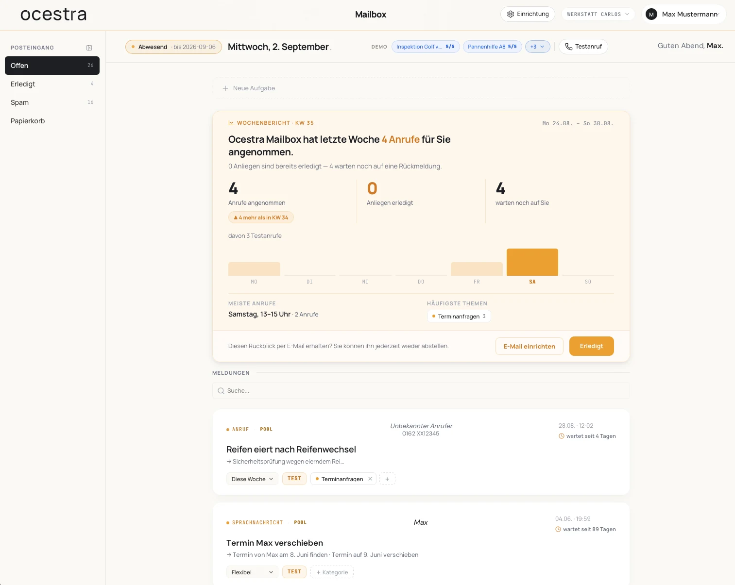 Ocestra Mailbox: Posteingang mit Wochenbericht und offenen Aufgaben